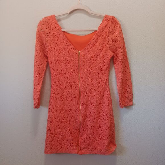 Charming Charlie Mini Lace Dress Small 3/4 Sleeve Full Zip Orange - Picture 11 of 11